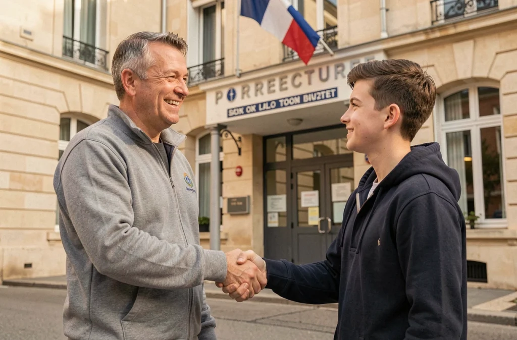 Le moniteur de l'Auto-Ecole Eric Servant félicitant un élève ayant réussi son permis de conduire devant la préfecture