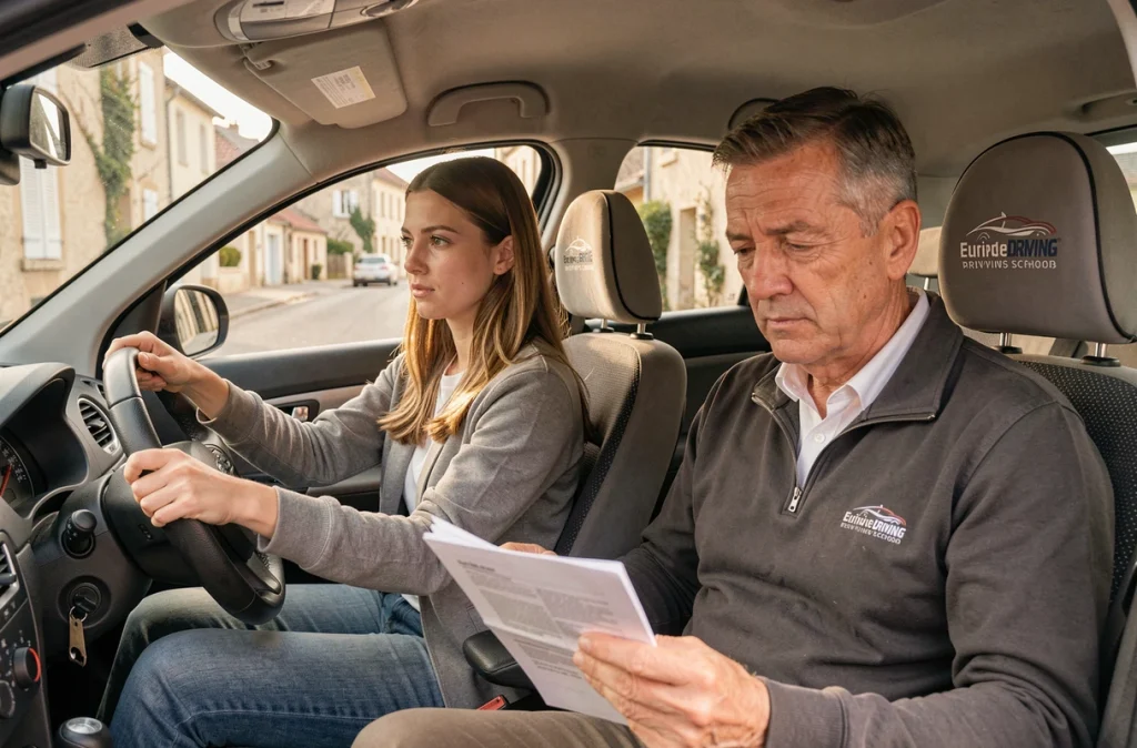 Une élève concentrée au volant d'une voiture de l'Auto-Ecole Portal en Haute-Loire lors d'une leçon de conduite