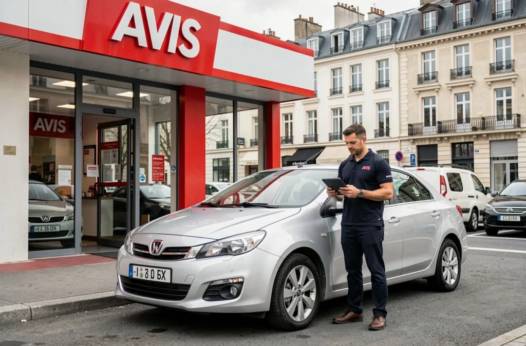 Agent Avis en uniforme effectuant un check-in numérique sur tablette devant un véhicule de location dans une agence Avis française