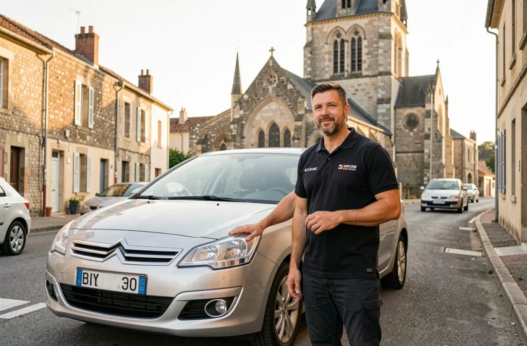 Un moniteur de Brioude Conduite devant la Basilique Saint-Julien à Brioude avec une voiture école garée sur la place