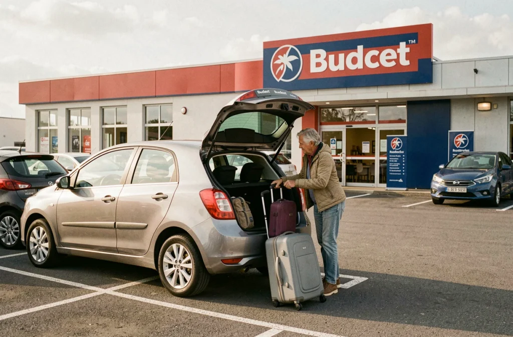 Un couple chargeant leurs bagages dans un véhicule de location Budget dans le parking de l'agence Budget en France