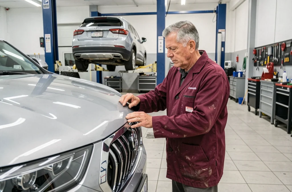 Carrossier de la Carrosserie Brétéché ajustant un nouveau pare-chocs sur un SUV dans un atelier moderne en Ille-et-Vilaine