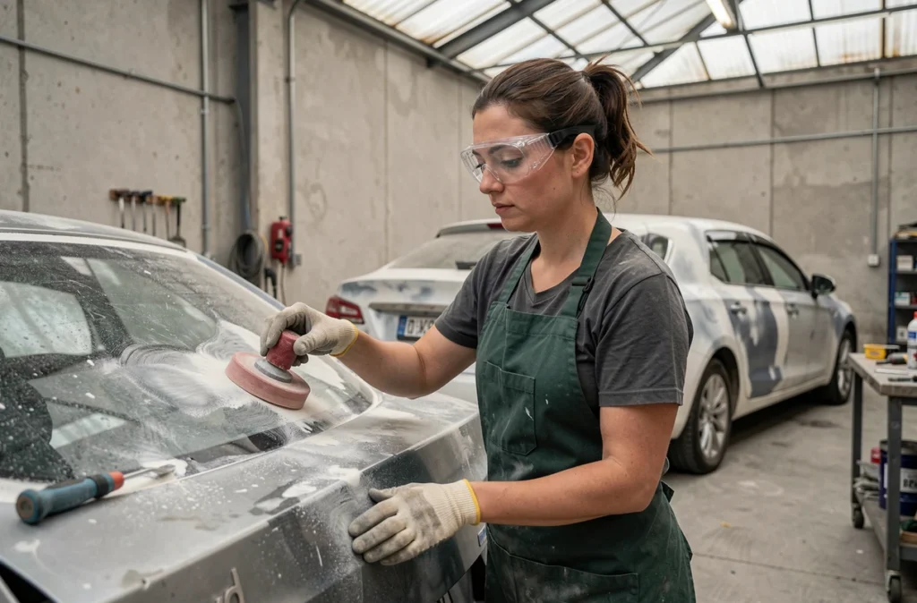 Technicienne en carrosserie de la Carrosserie Remilly SARL à Arnas ponçant la carrosserie d'un véhicule accidenté dans l'atelier