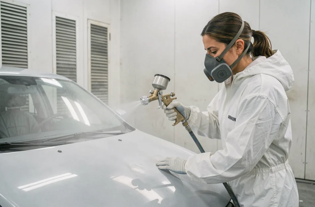 Technicienne de la Carrosserie Tual en combinaison de protection appliquant une couche d'apprêt dans une cabine de peinture