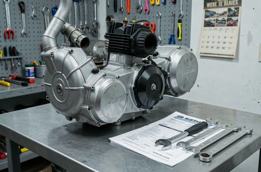 Détail moteur Suzuki GSX 750 avec facture d'entretien et outils dans un garage particulier