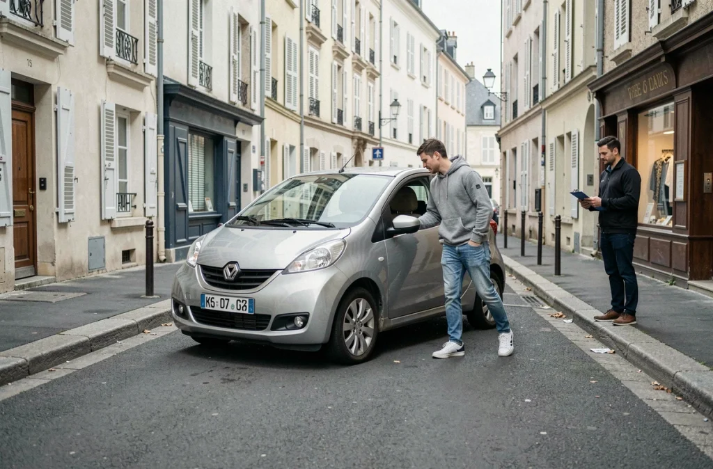 Un élève de la Driving School Bonne Conduite réalisant un créneau sous la supervision de son moniteur dans une rue de Haute-Loire
