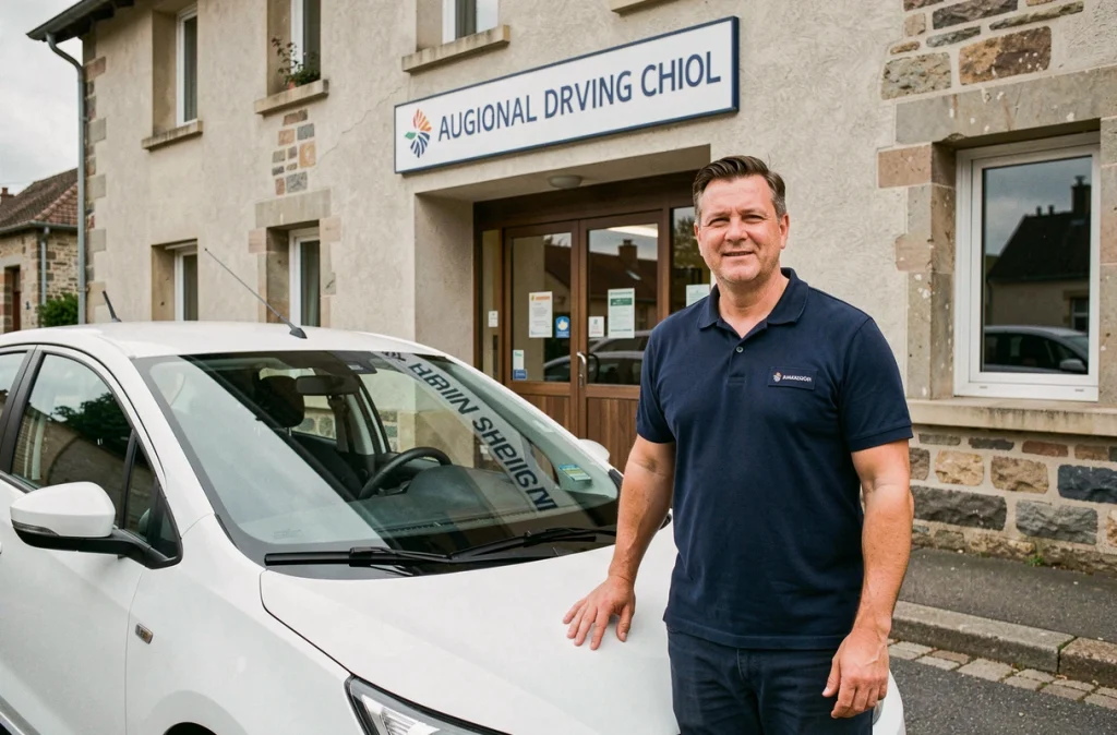 Instructeur de conduite devant les locaux de l'Ecole de Conduite Vellave en Haute-Loire avec une voiture double commande