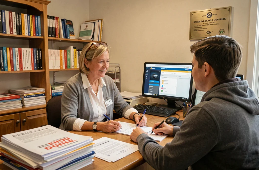 Michèle, monitrice de l'ECSR Michele, accueillant un élève dans le bureau de son auto-école en Haute-Loire
