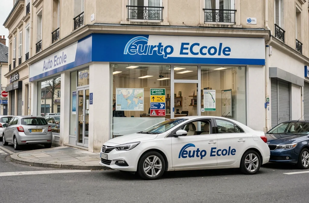 La façade de l'Europ Auto Ecole en Haute-Loire avec la voiture école garée devant l'entrée de l'établissement