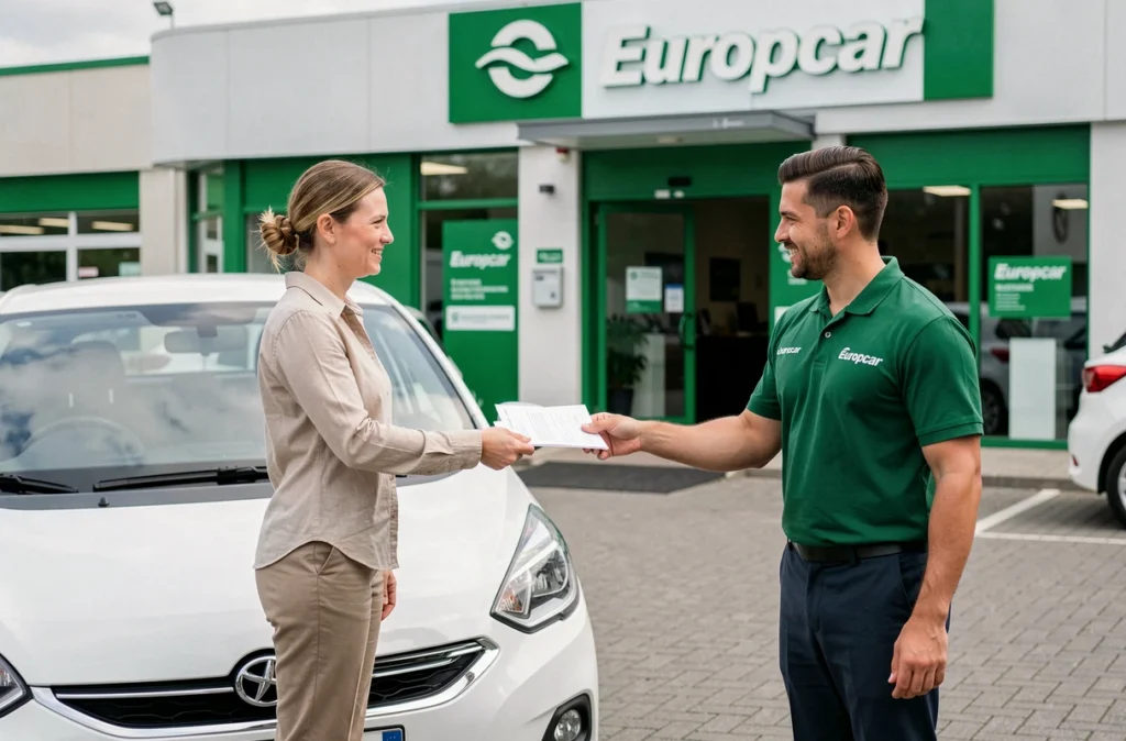 Remise de contrat de location entre un agent Europcar et une cliente devant un véhicule dans une agence Europcar en France