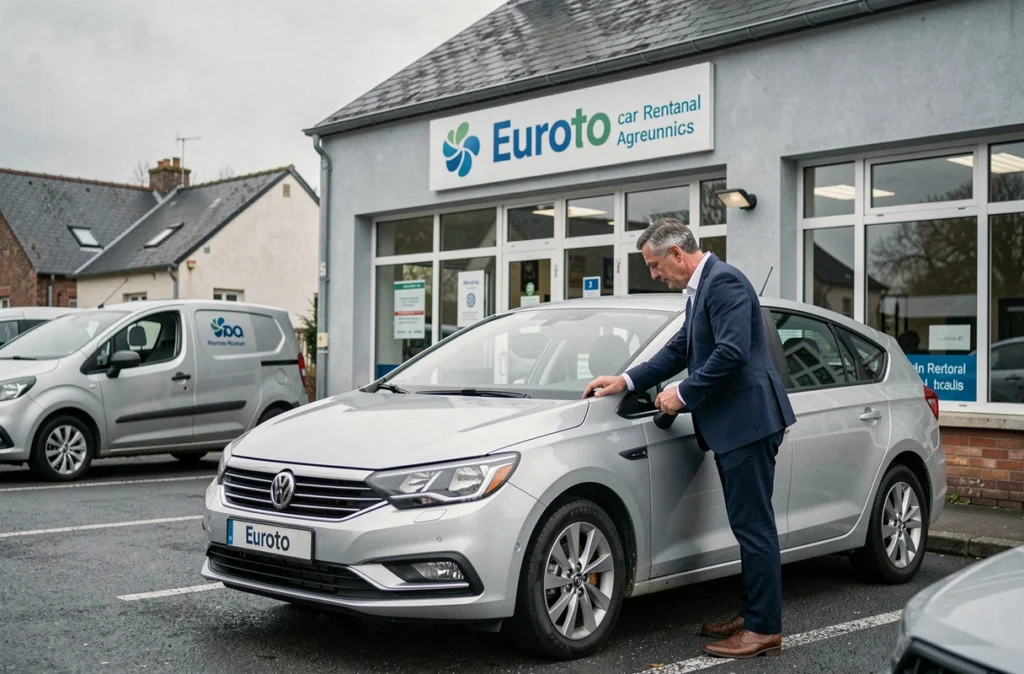 Employé Euroto inspectant un véhicule de location avant remise au client dans le parking de l'agence Euroto dans les Hauts-de-France