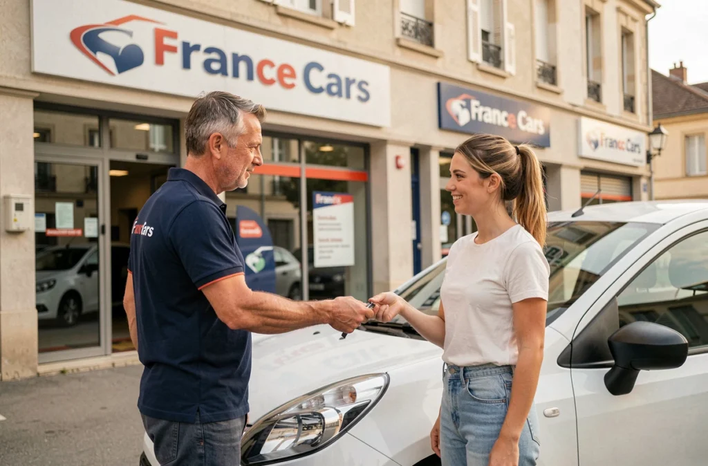 Un employé de France Cars remet les clés d'un véhicule de location à une cliente devant l'agence France Cars en France