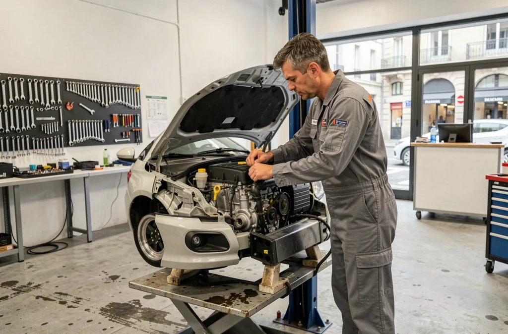 Mécanicien du Garage Cabias dans le 4e arrondissement de Lyon inspectant le moteur d'un véhicule sur un pont élévateur hydraulique