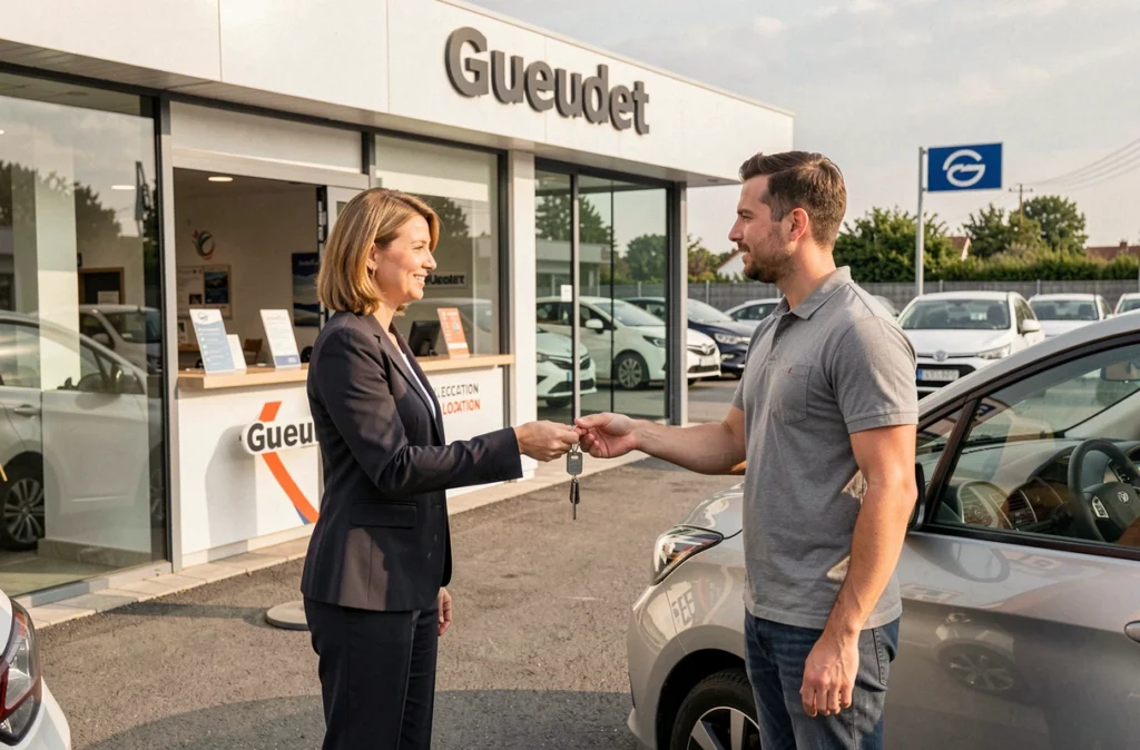 Agente Gueudet Location remettant les clés d'un véhicule de location à un client devant l'agence Gueudet dans le nord de la France
