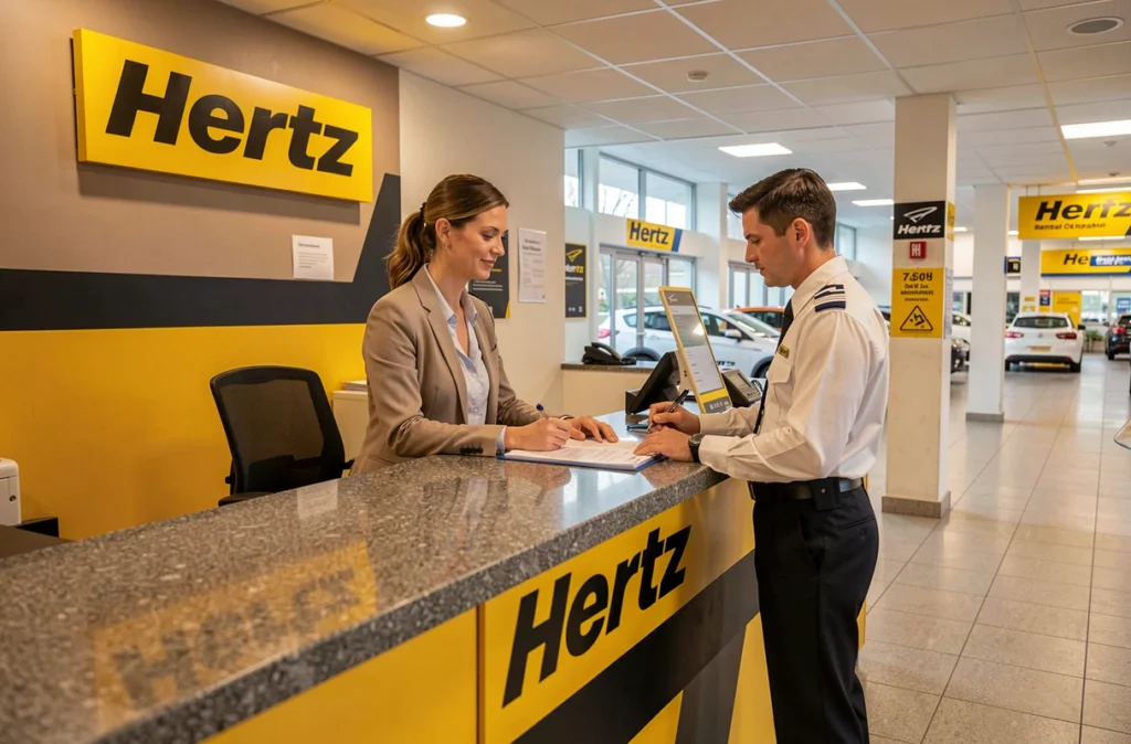 Comptoir de l'agence Hertz dans un aéroport ou gare française avec une cliente et un agent en train de finaliser une réservation de location