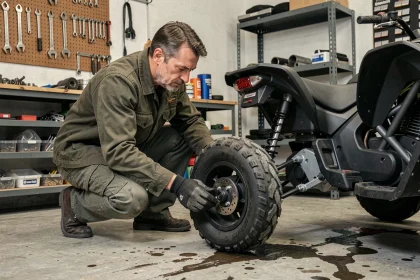 Homme inspectant la suspension arrière d'un quad électrique adulte dans un garage privé