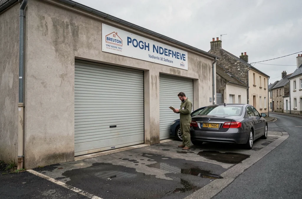 Façade de l'Isle Garage Lacoux avec un mécanicien inspectant un véhicule sur le parvis du garage en Ille-et-Vilaine