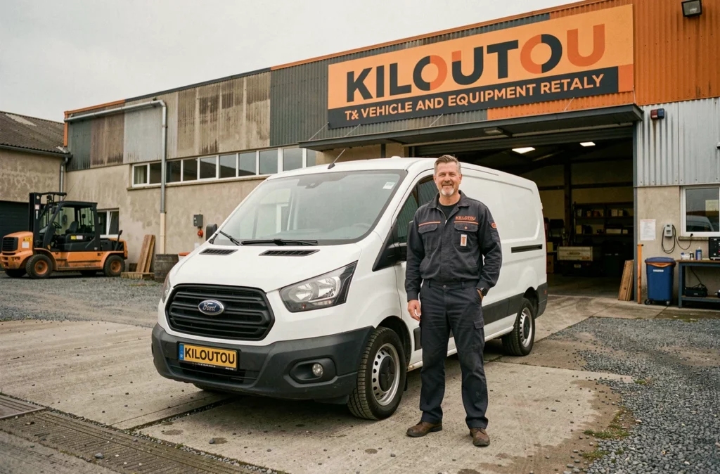 Employé Kiloutou en tenue de travail présentant un utilitaire de location devant l'agence Kiloutou avec sa signalétique orange