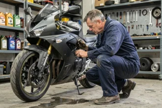 Mécanicien inspectant le moteur d'une Suzuki GSX 750 dans un atelier moto indépendant