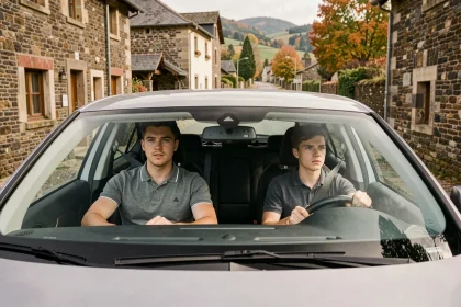 Un instructeur de conduite et un élève dans une voiture double commande devant une rue typique de Haute-Loire, illustrant le classement des meilleures auto-écoles de la région