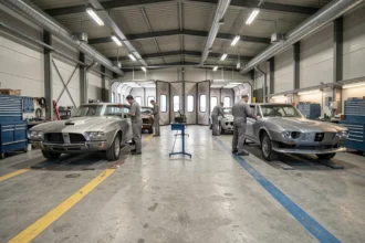 Vue intérieure d'un atelier de carrosserie automobile en Ille-et-Vilaine avec plusieurs véhicules en cours de réparation