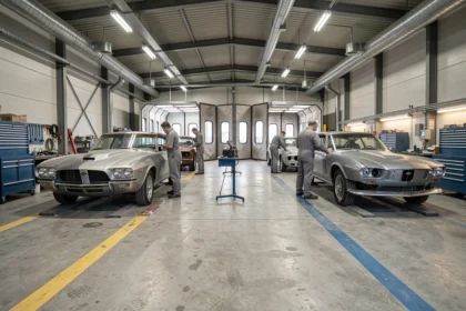 Vue intérieure d'un atelier de carrosserie automobile en Ille-et-Vilaine avec plusieurs véhicules en cours de réparation