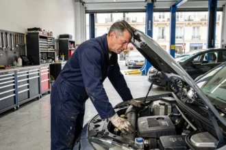 Mécanicien automobile professionnel travaillant dans un garage bien équipé du Rhône, symbolisant le top 10 des meilleurs garages automobiles de la région
