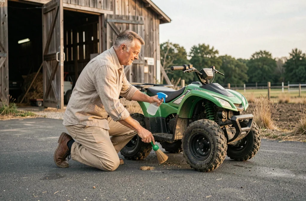 Homme nettoyant le dessous d'un quad électrique adulte dans un cadre agricole rural