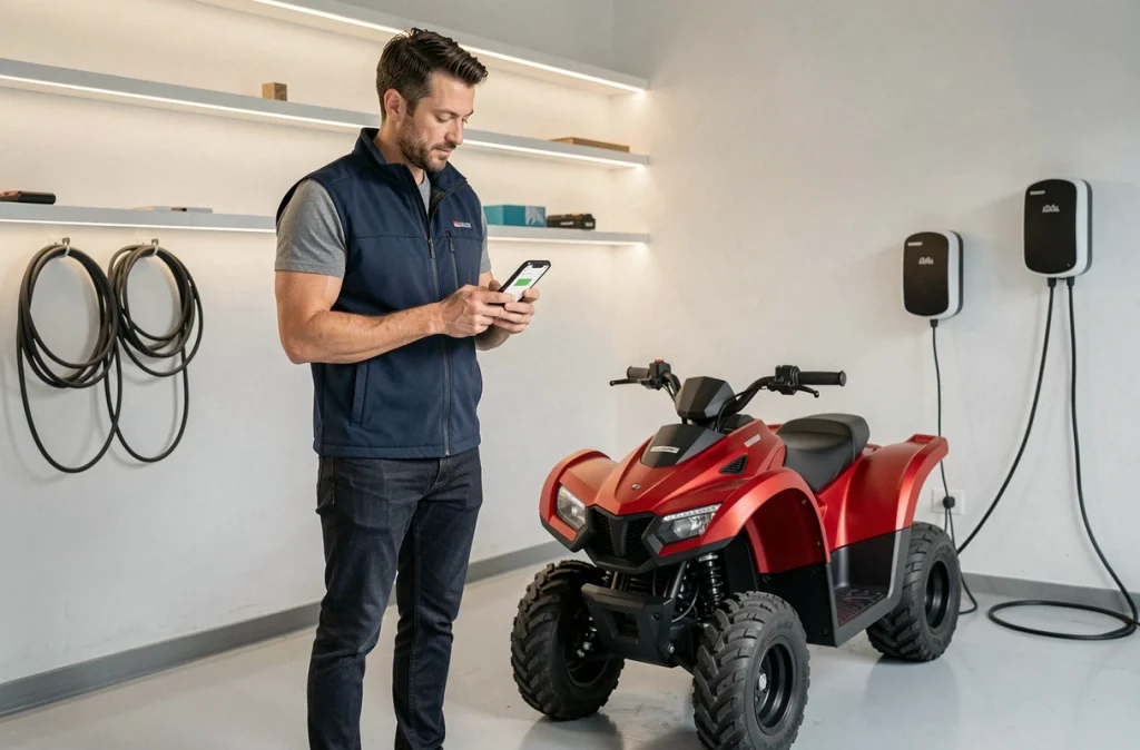 Homme supervisant la charge d'un quad électrique adulte via une application mobile dans un garage moderne