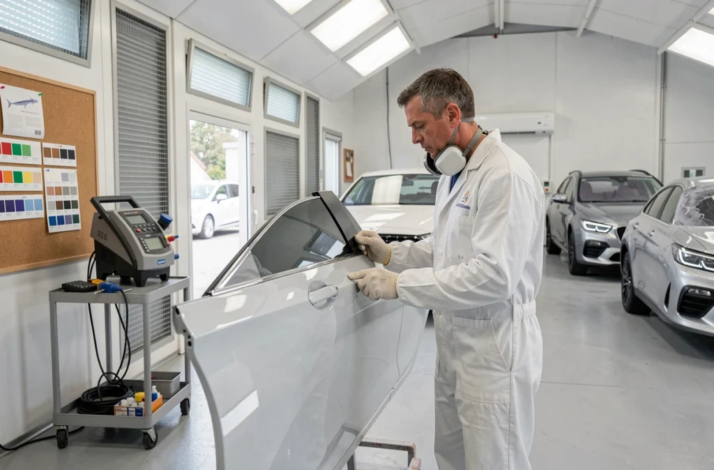 Spécialiste en carrosserie de Rhône Auto Carrosserie inspectant une portière réparée et polie dans un atelier de peinture moderne