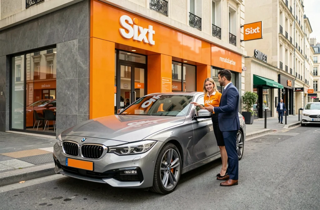 Agente Sixt présentant un véhicule premium à un client professionnel devant l'agence Sixt à la façade orange caractéristique