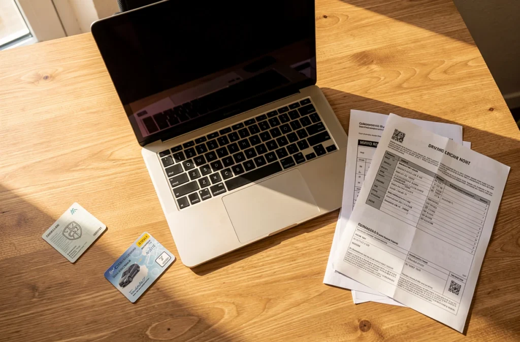 Documents d'assurance auto posés sur un bureau avec un ordinateur portable