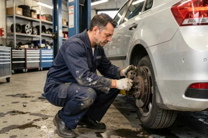 Mécanicien automobile professionnel inspectant les freins d'une voiture dans un garage en Essonne
