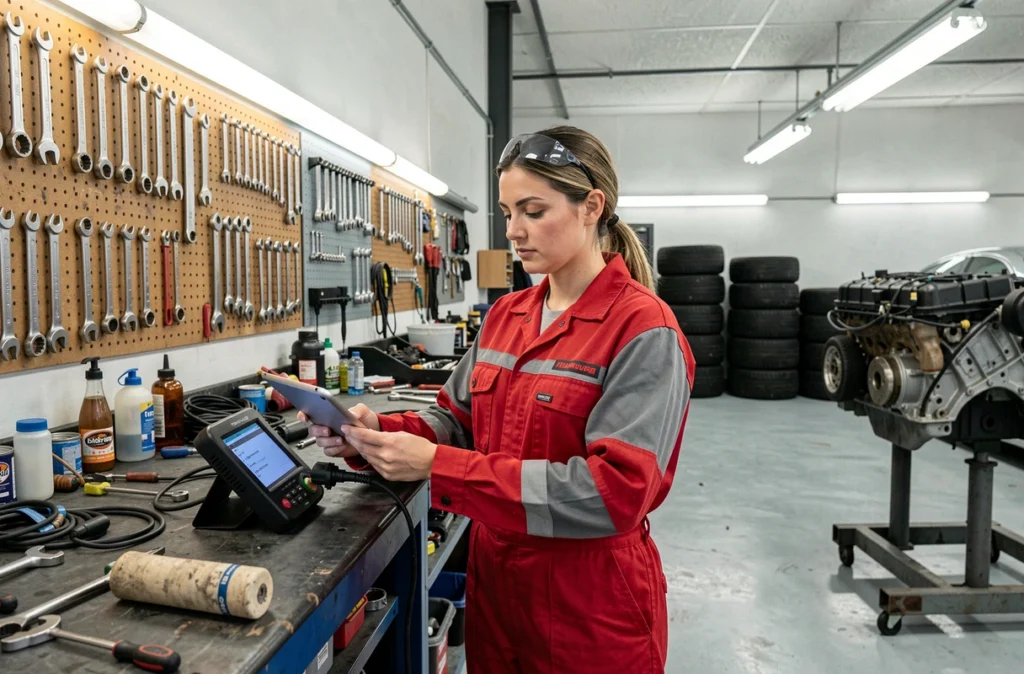 Technicienne automobile utilisant un outil de diagnostic dans un atelier moderne en Essonne